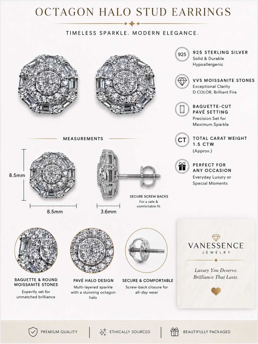 .925 Sterling Silver 1.5 CTW VVS Moissanite Small Octagon Stud Earrings - Picture 3 of 6